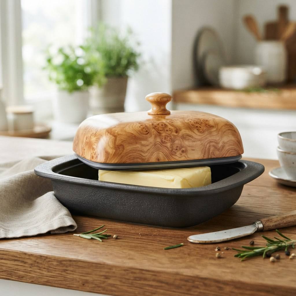Designer Butter Dish with Exotic Wood Lid